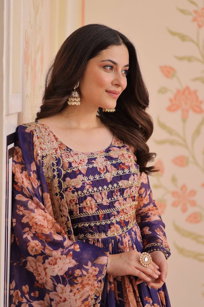 Ethnic Russian Silk Gown with Embroidered Detailing