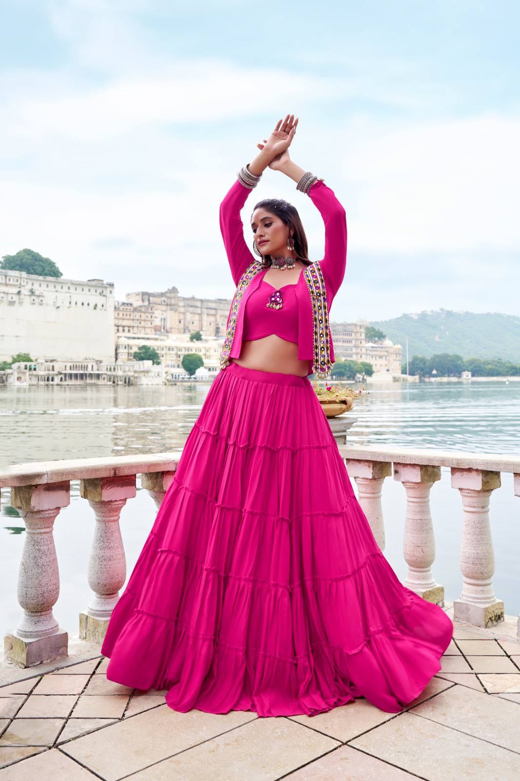 Rayon Navratri Lehenga Choli with Cowrie Lace and Koti
