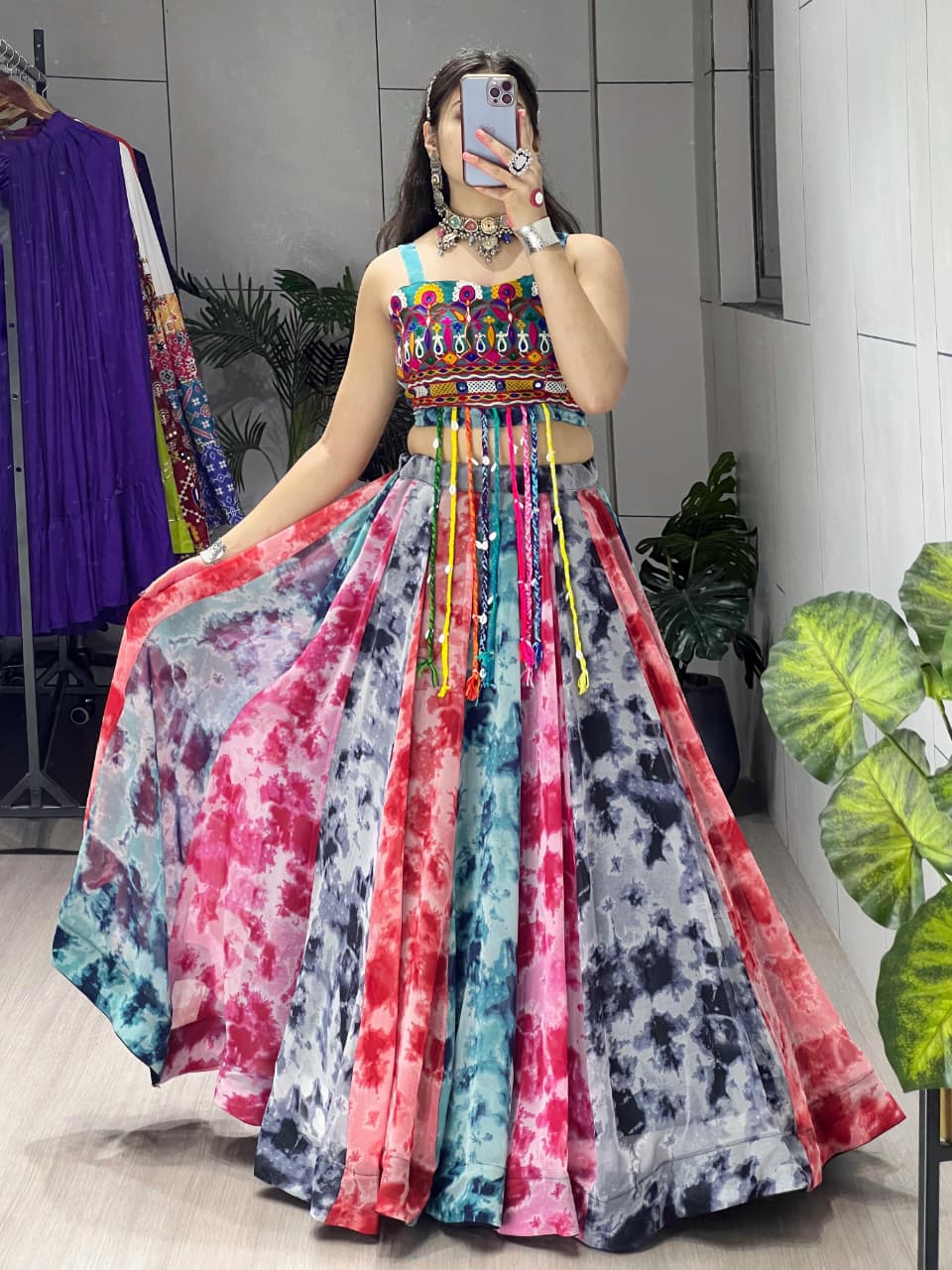 Multicolor Shibori Chaniya Choli with Designer Fancy Top