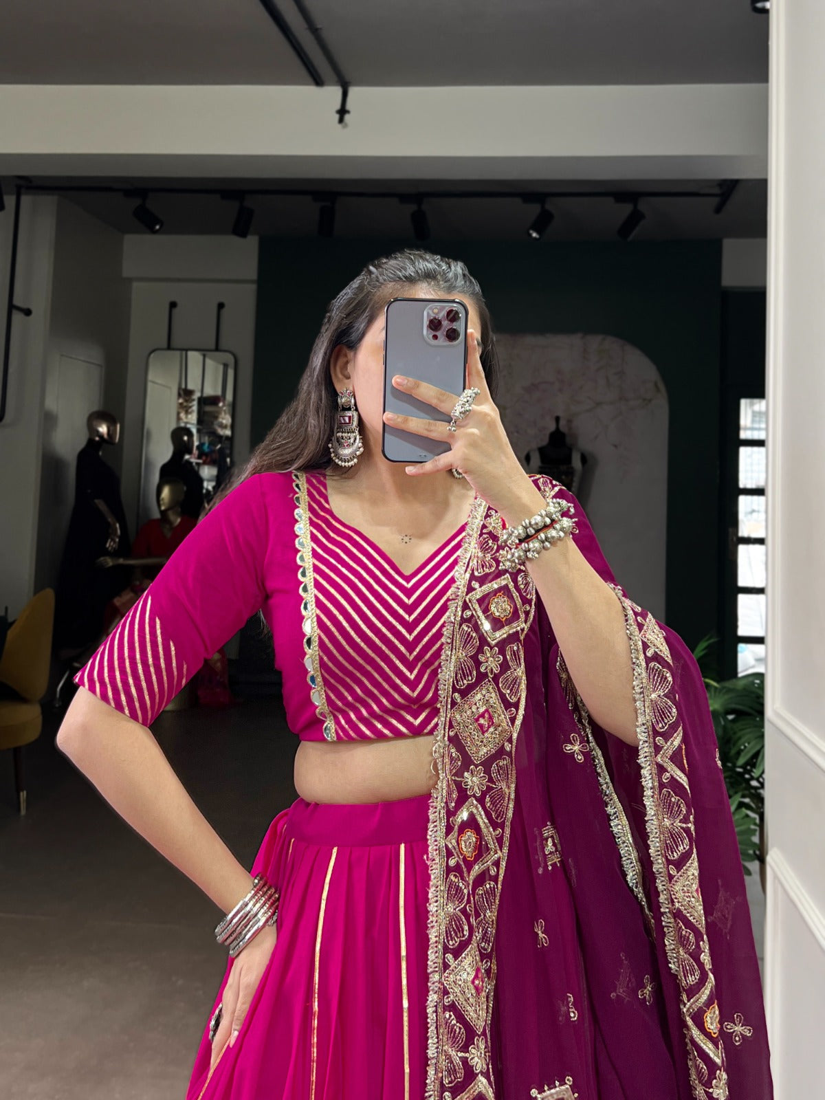 Navratri 2025 Lehenga Choli in Magenta with Golden Lace