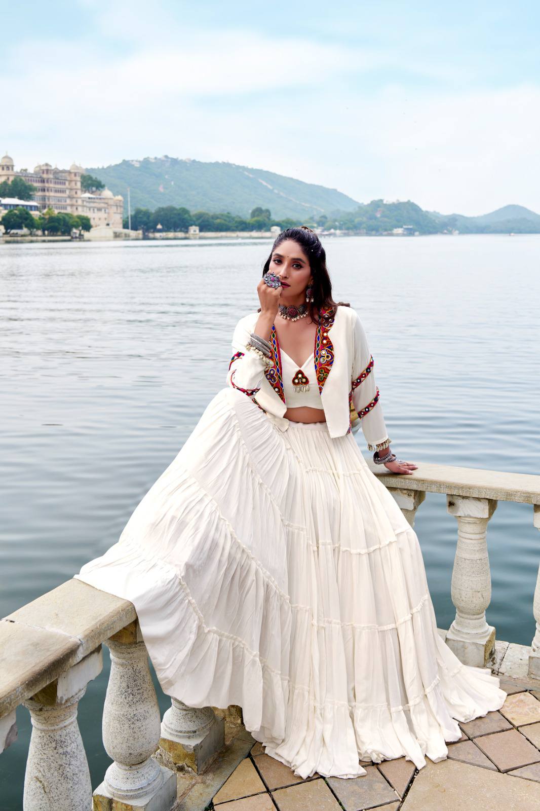 Rayon Navratri Lehenga Choli with Cowrie Lace and Koti