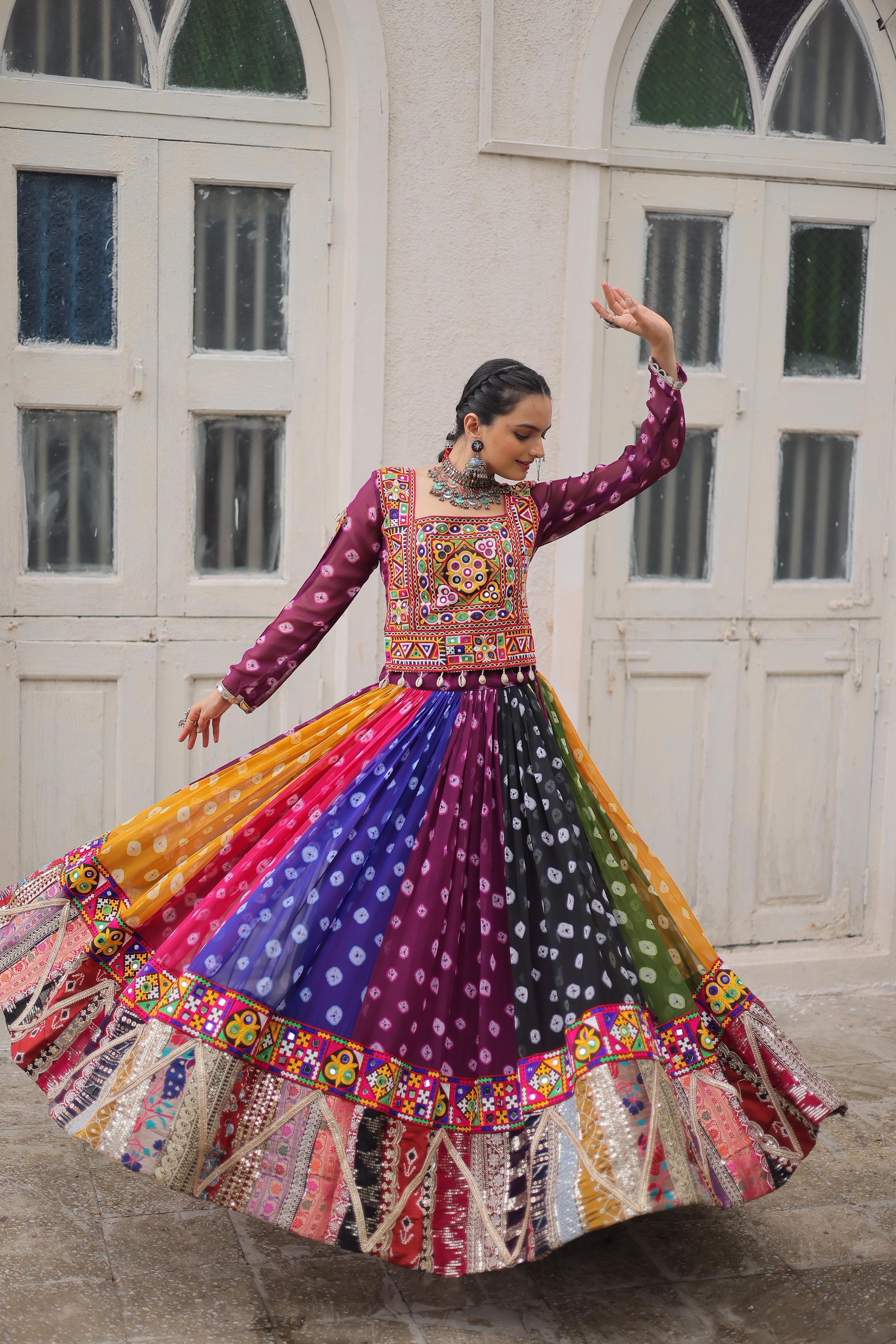 Gamthi Work Georgette Lehenga Choli for Navratri 2025 – Wine & Beige Set