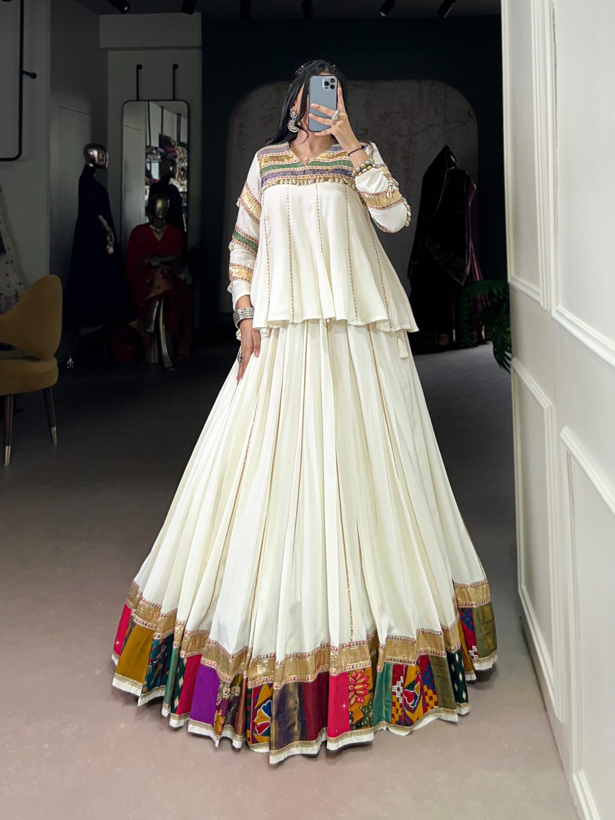 White Rayon Lehenga Choli with Multi Patch Work