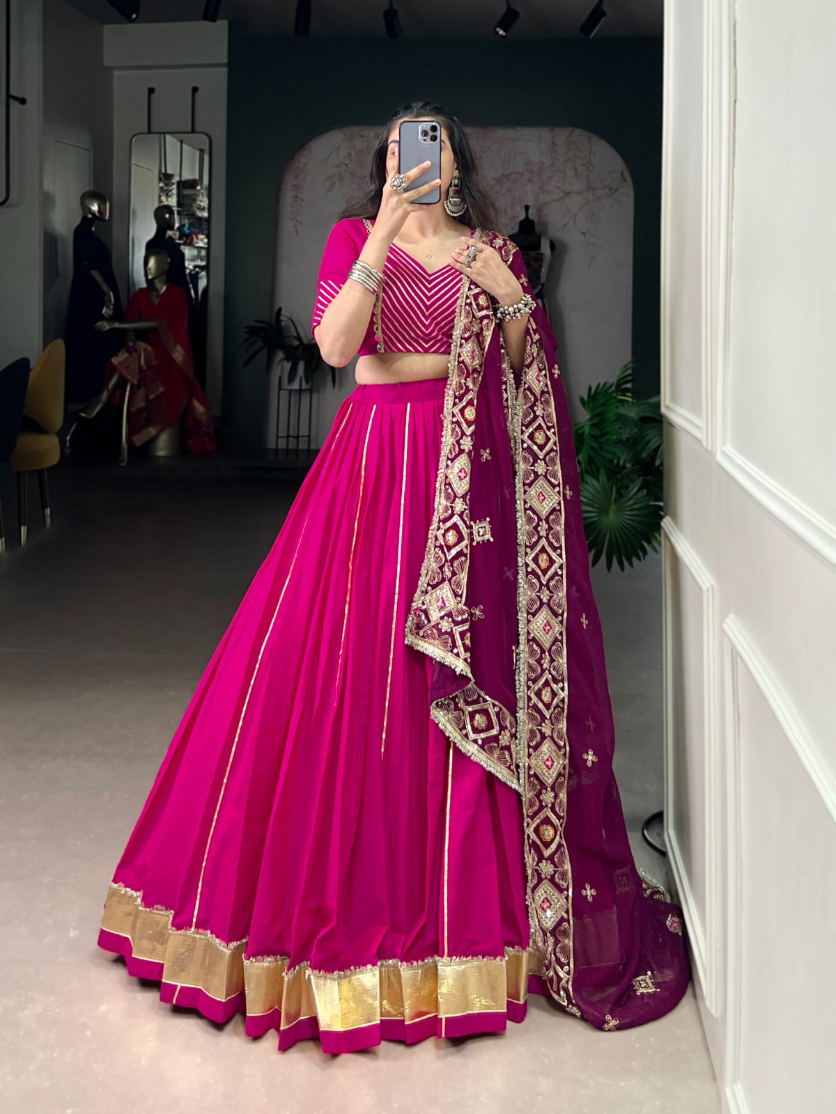 Magenta Cotton Lehenga Choli with Mirror Lace Blouse