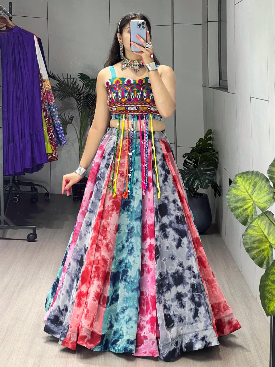 Shibori Print Lehenga with Fancy Gamthi Work Top for Navratri