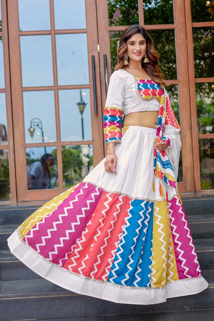 Navratri White Cotton Lehenga Choli with Gota Patti & Dupatta