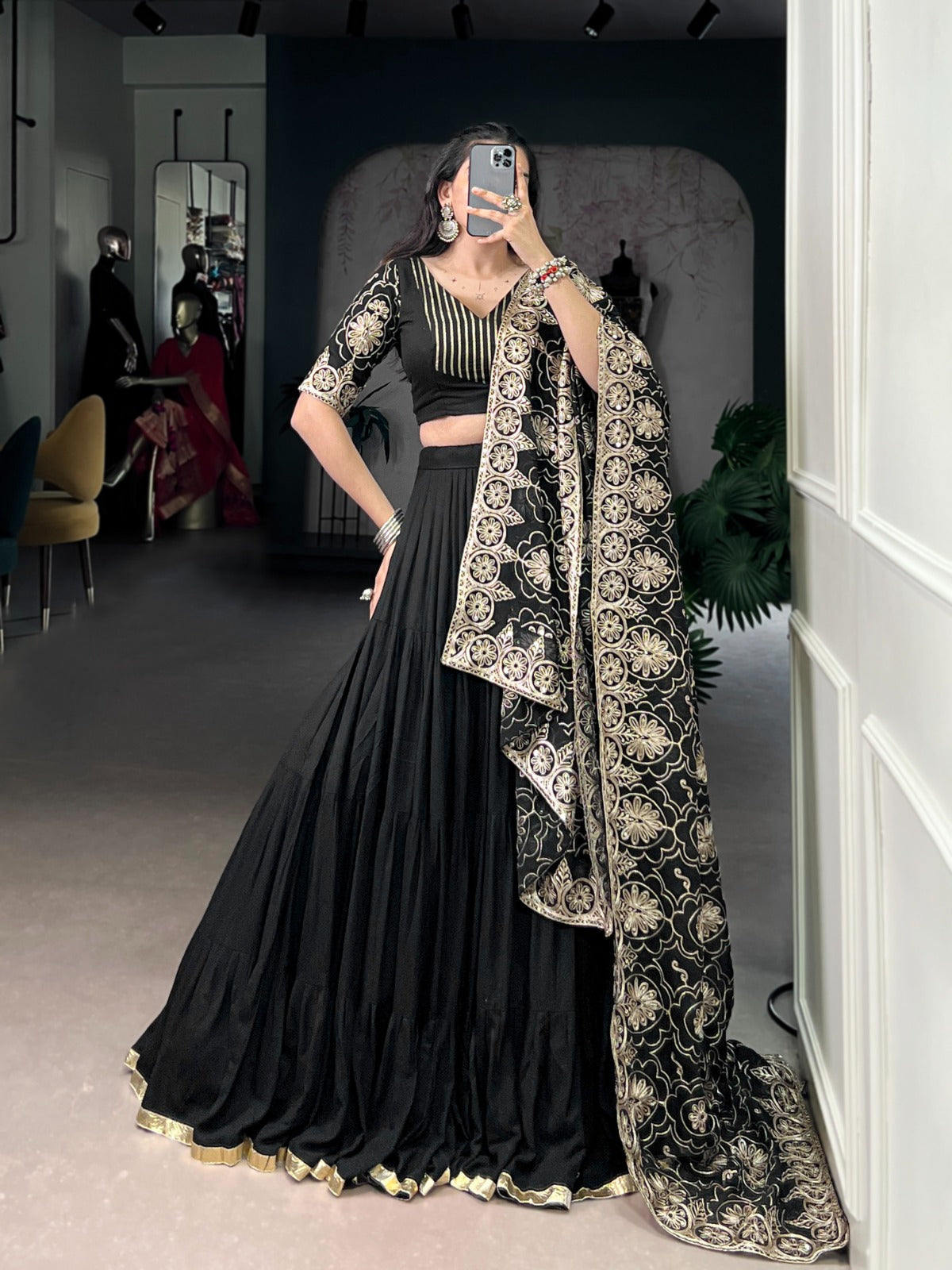 Black Rayon Lehenga Choli with Golden Embroidery