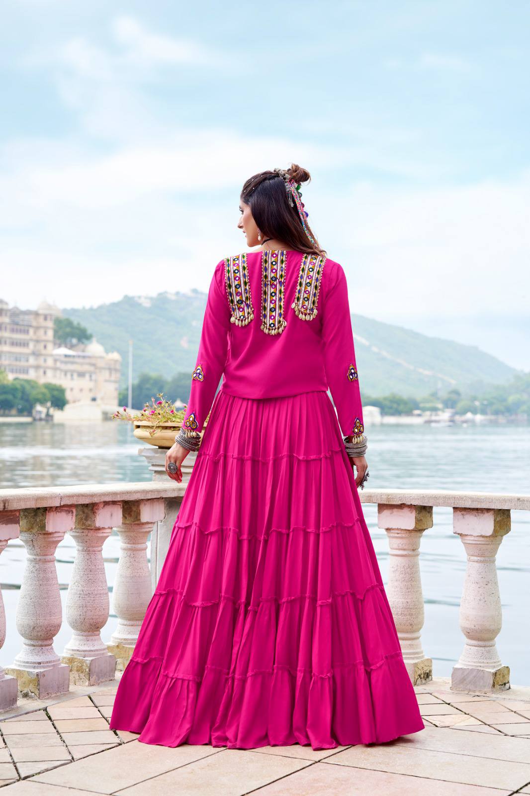 Rayon Navratri Lehenga Choli with Cowrie Lace and Koti