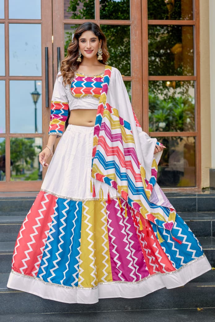 Premium White Cotton Chaniya Choli with Mirror Work Navratri 2025