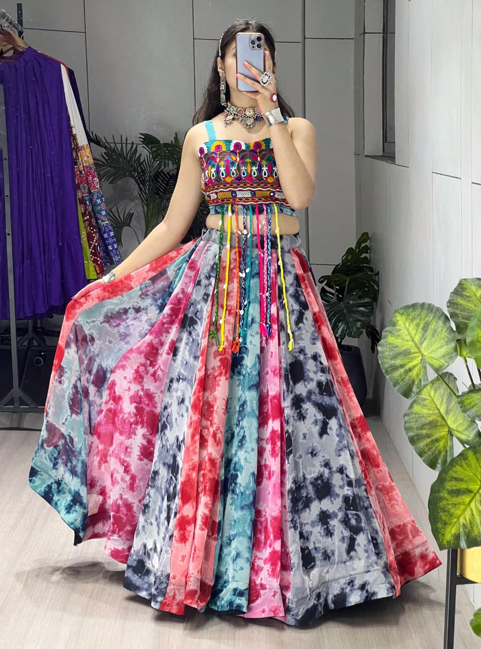 Multicolor Shibori Chaniya Choli with Designer Fancy Top