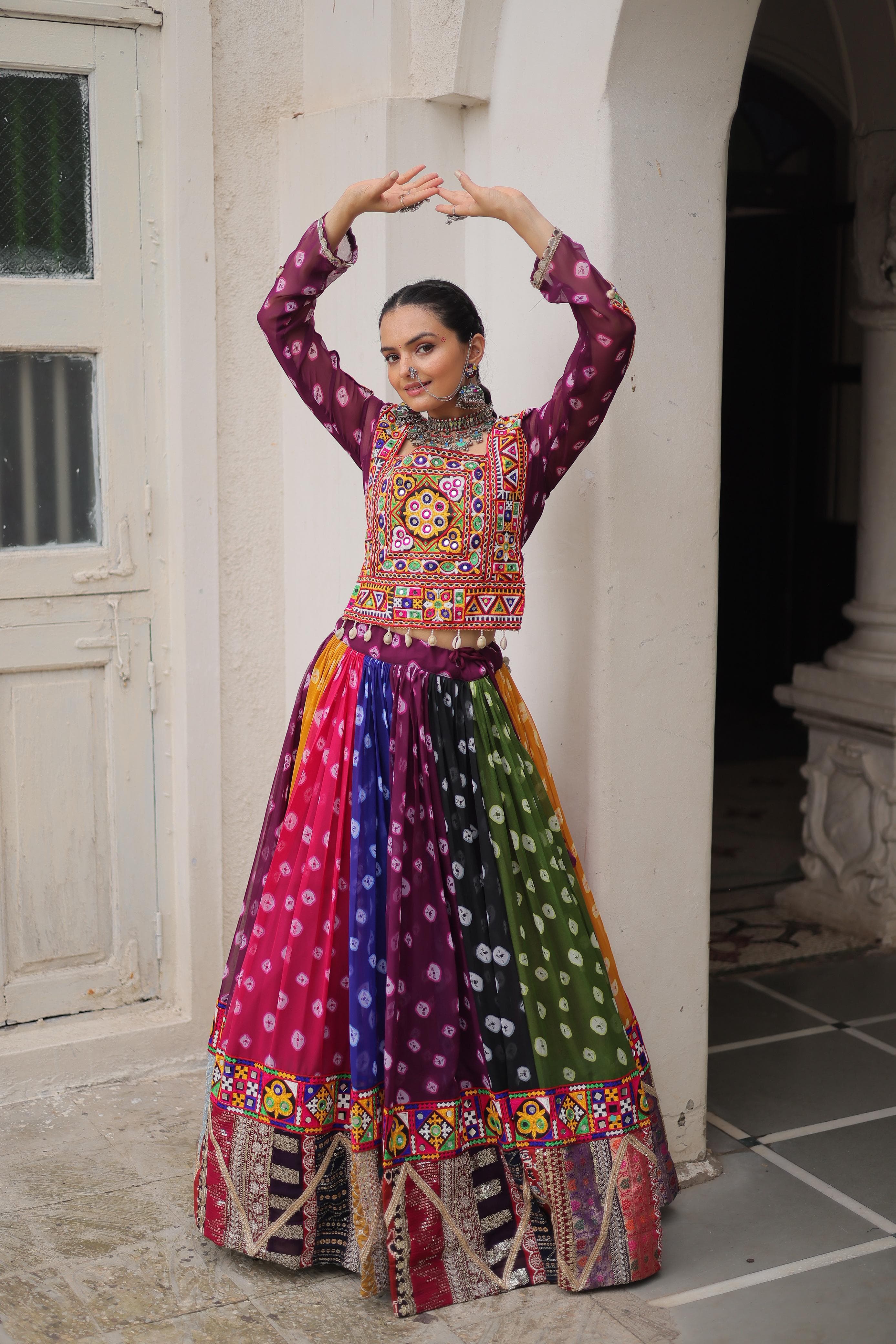 Vintage Print Lehenga Choli with Kutchi Embroidery – Trendraani Navratri Special