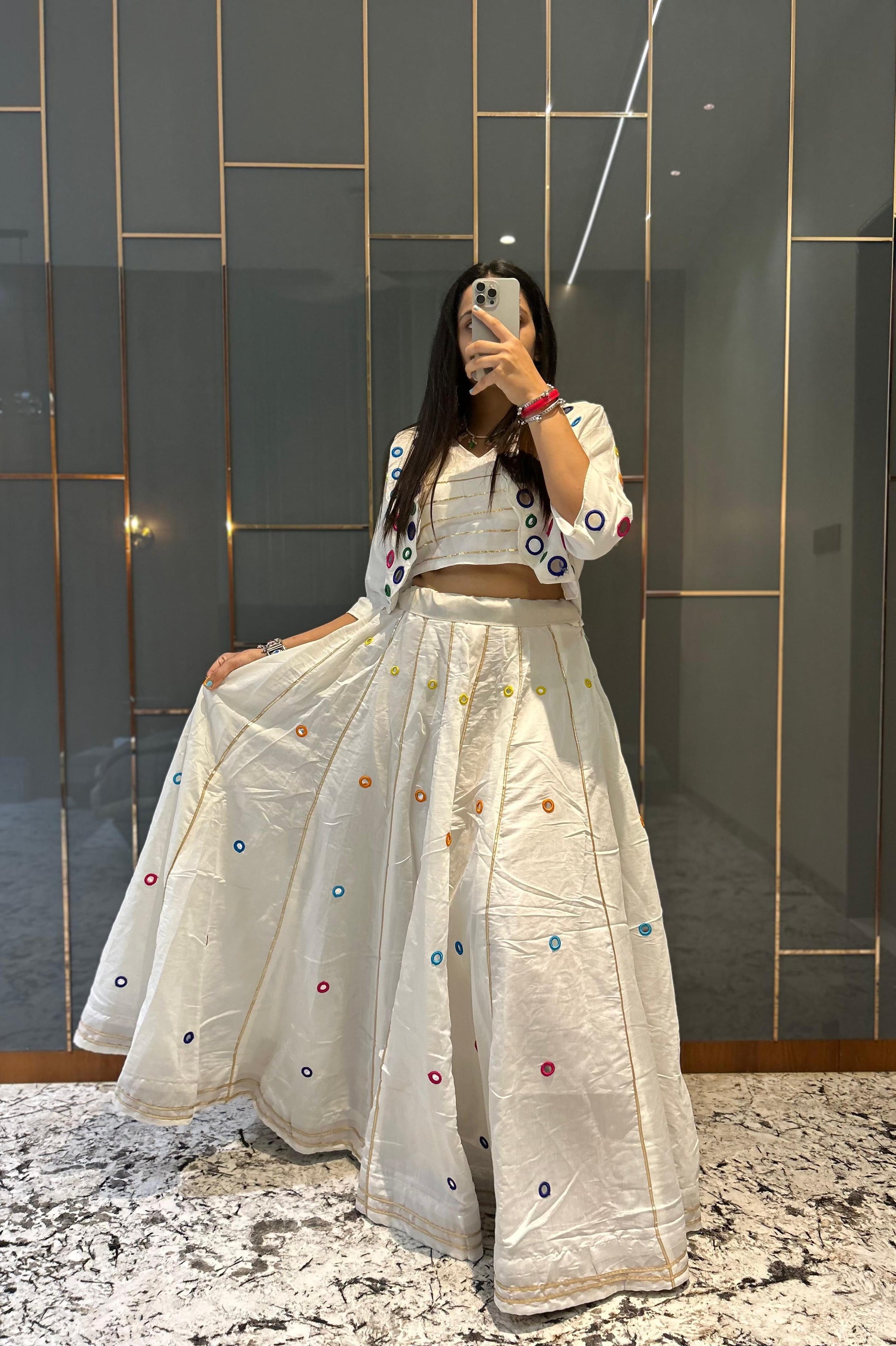Multi Color Thread Work Lehenga Set with Shrug and Zari Stripes