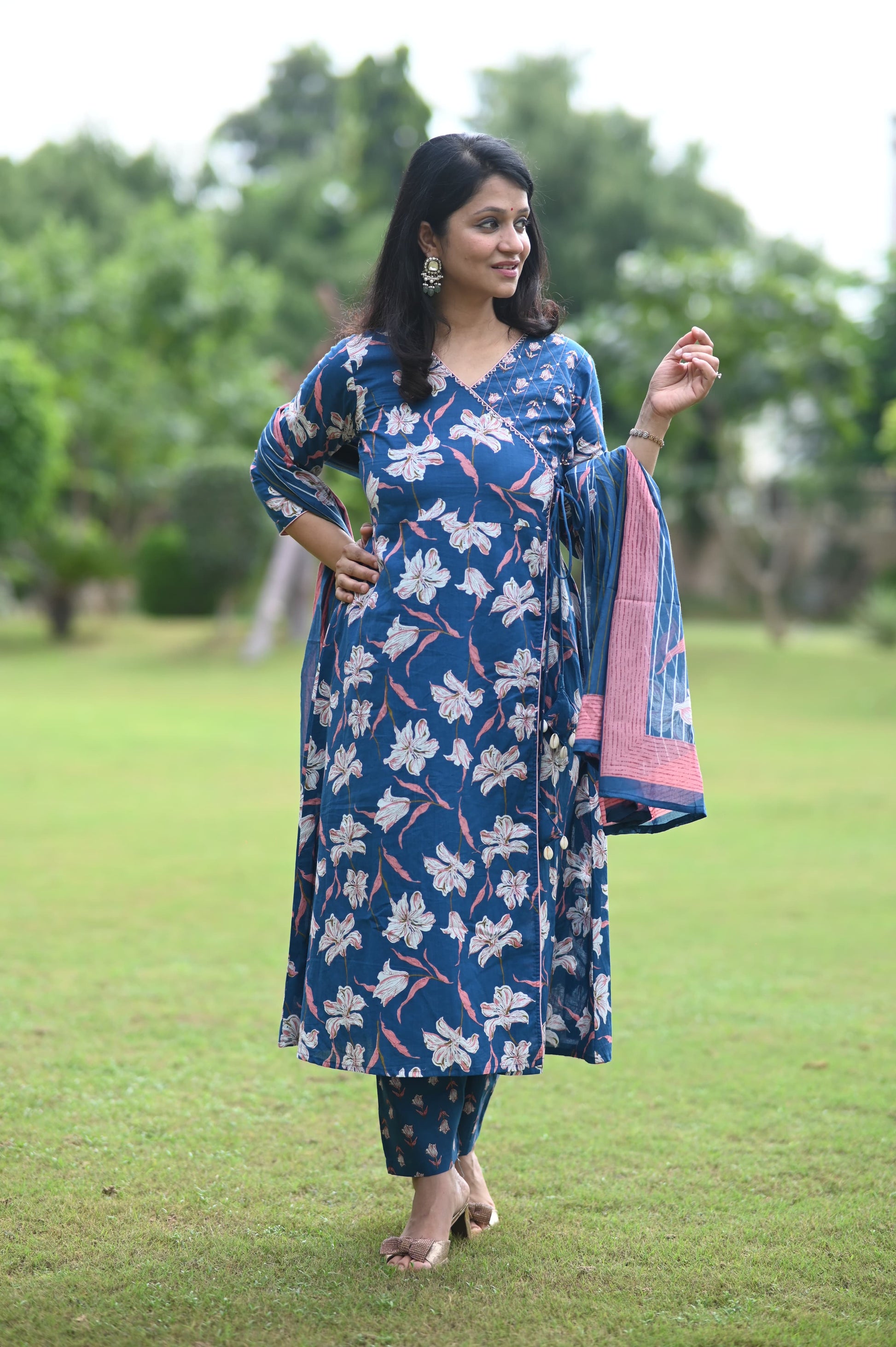 Cotton Angrakha A-Line Dress Set with Handwork Yoke and Tassel Dori – Trendraani