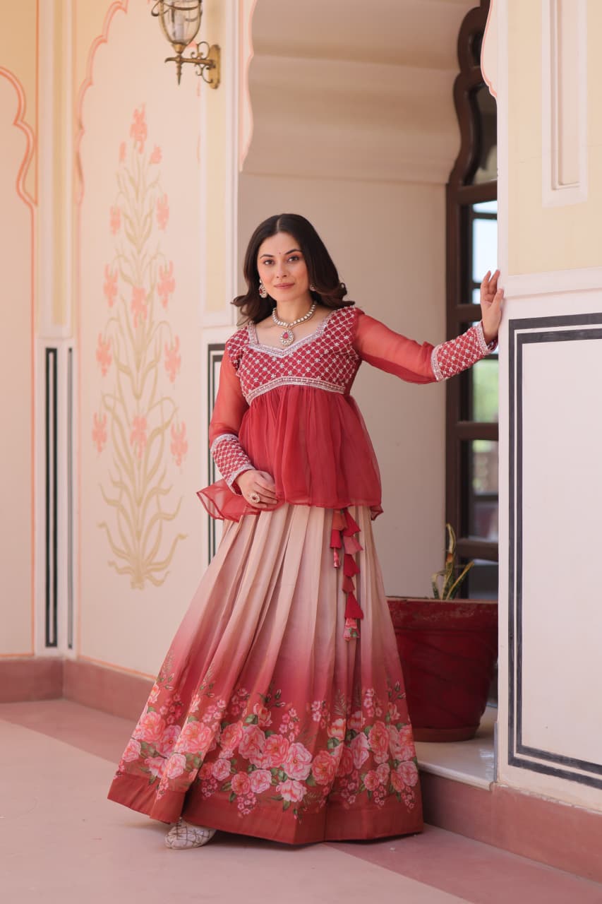Cosmos Floral Print Lehenga with Beaded Chiffon Peplum Top