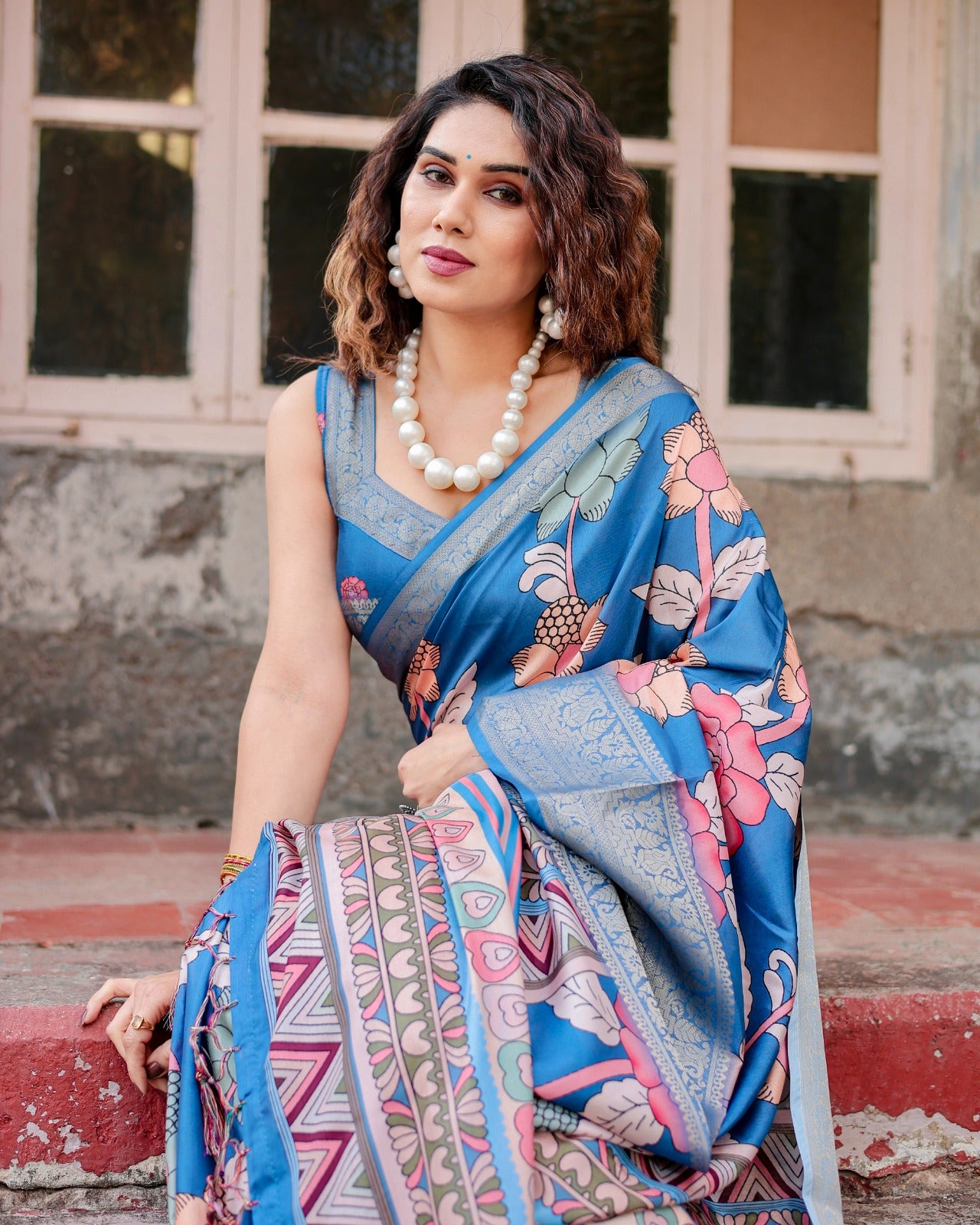 Royal Blue Banarasi Digital Print Saree with Zari Weaving & Bold Floral Motifs