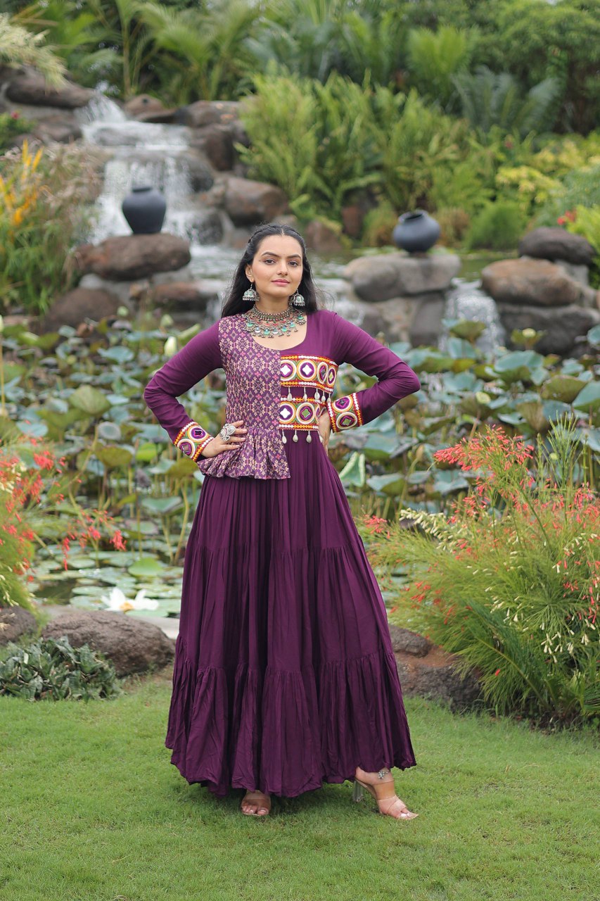 Kutchi Embroidered Wine Navratri Gown for Women – Trendraani 2025