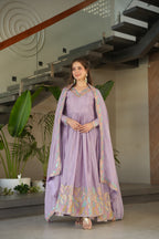 Readymade Chinnon Gown Set in Offwhite & Lavender – Party & Festive Wear