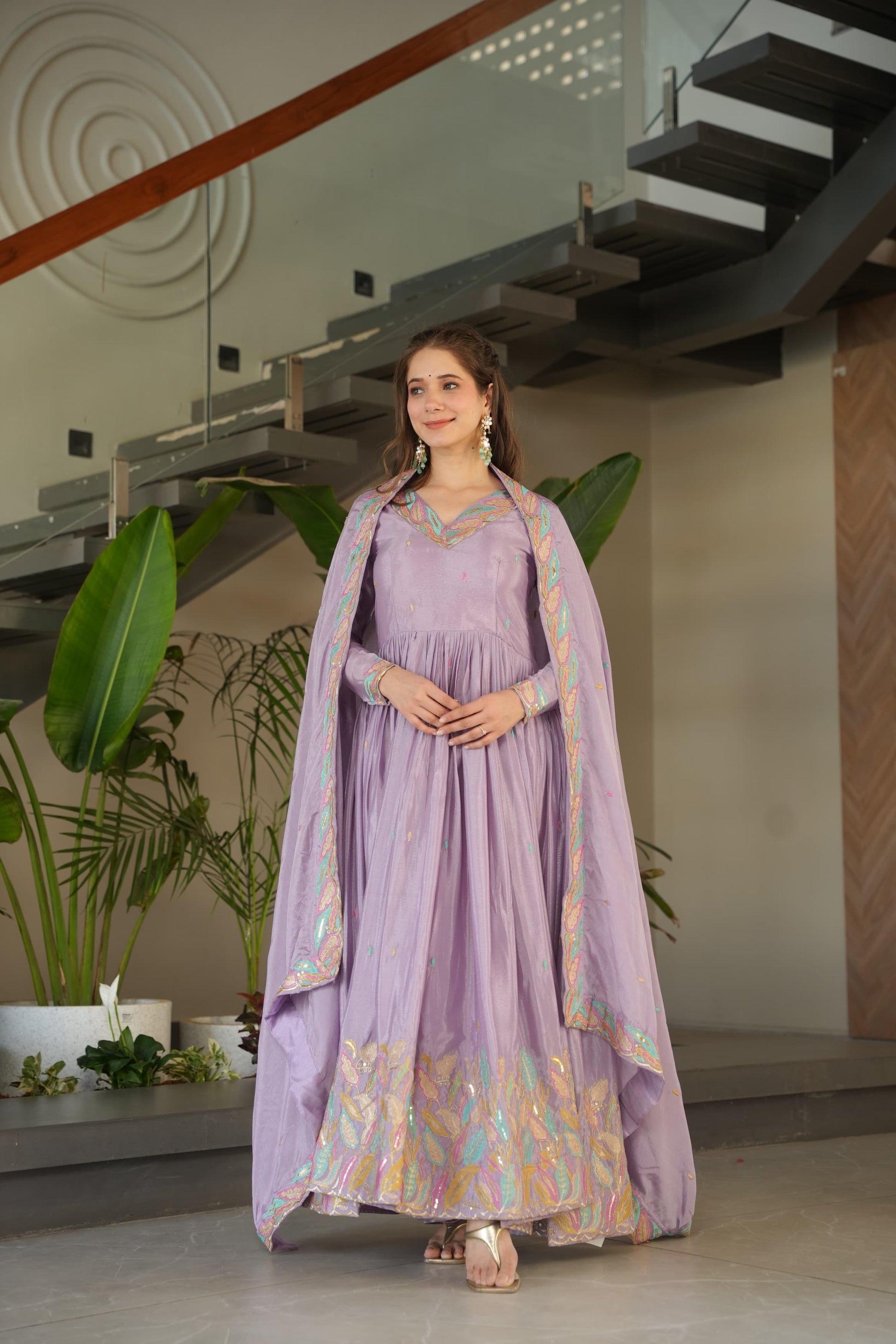 Readymade Chinnon Gown Set in Offwhite & Lavender – Party & Festive Wear