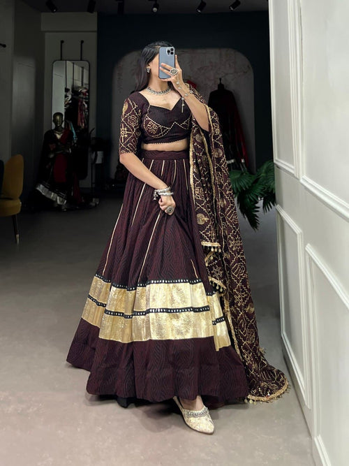 Bandhej Print Georgette Lehenga Choli Set with Gota Patti & Purse – 8 Meter Flair