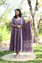 Handblock Printed Cotton Anarkali Suit with Zari Neck – Summer Collection Trendraani