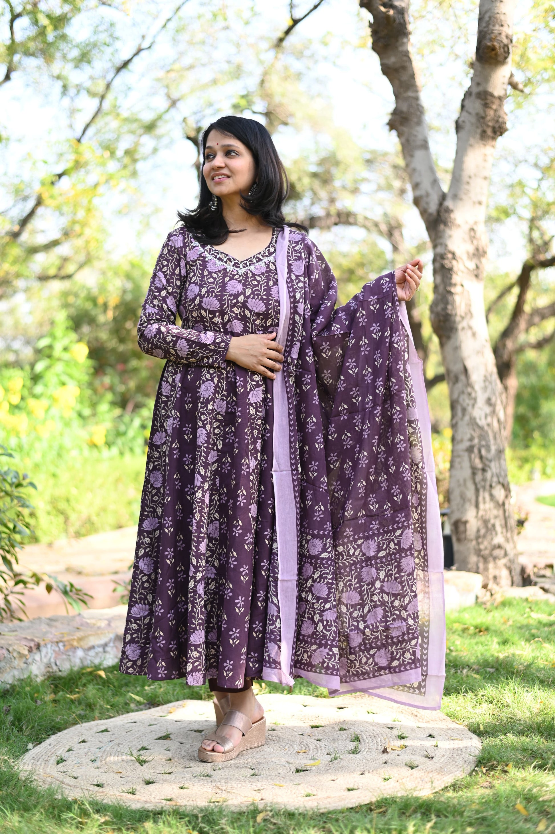 Handblock Printed Cotton Anarkali Suit with Zari Neck – Summer Collection Trendraani