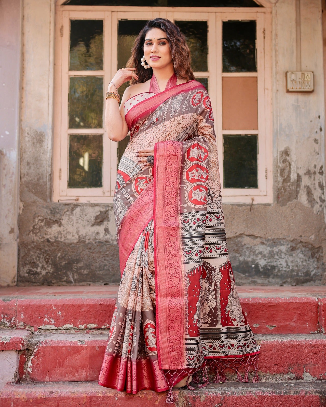 Banarasi Silk Digital Print Saree with Zari Border and Pichwai Motifs – Trendraani