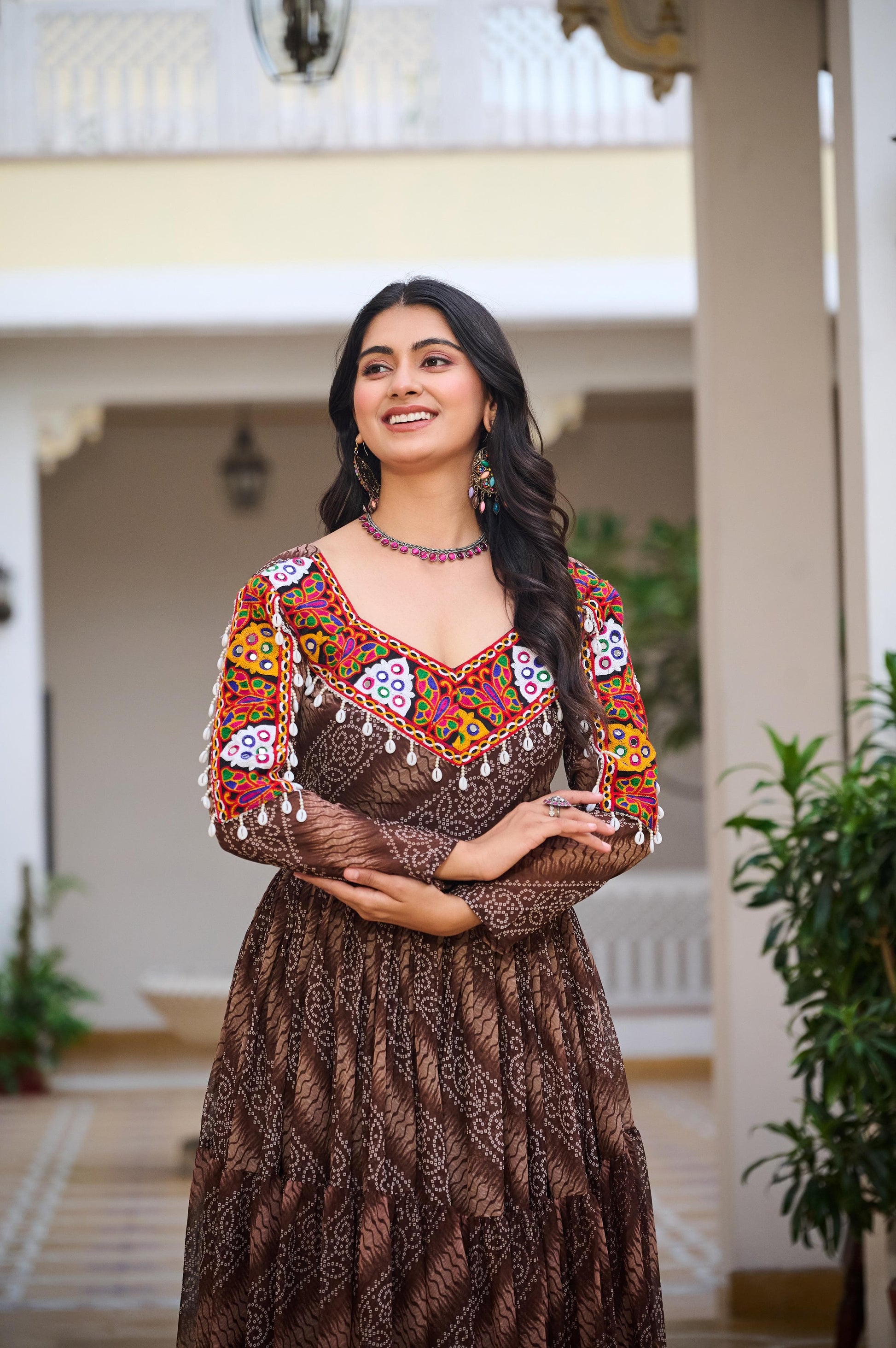 Bandhani Print Georgette Gown for Garba with Real Mirror Work