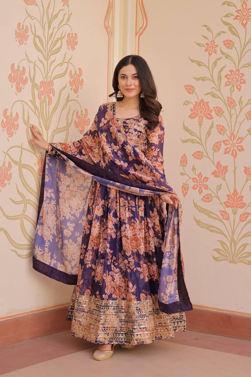 Embroidered Russian Silk Gown with Digital Print and Dupatta