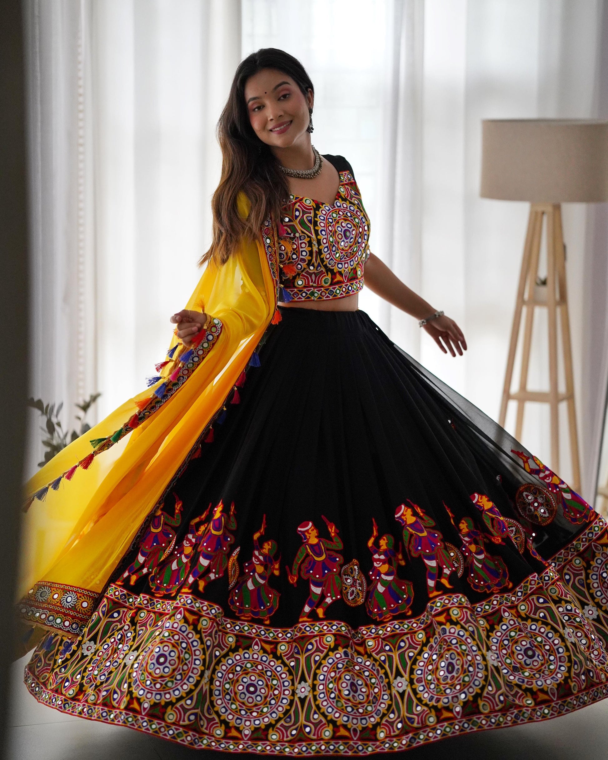 Semi-Stitched Mirror Work Lehenga with Dupatta – Festival Wear for Women