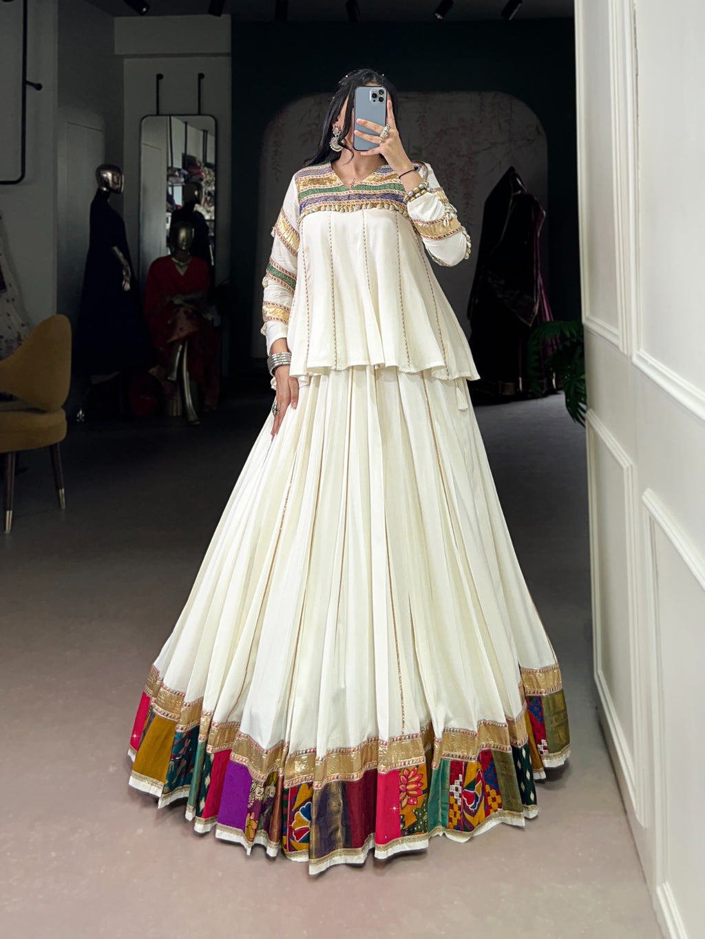 White Rayon Lehenga Choli with Multi Patch Work