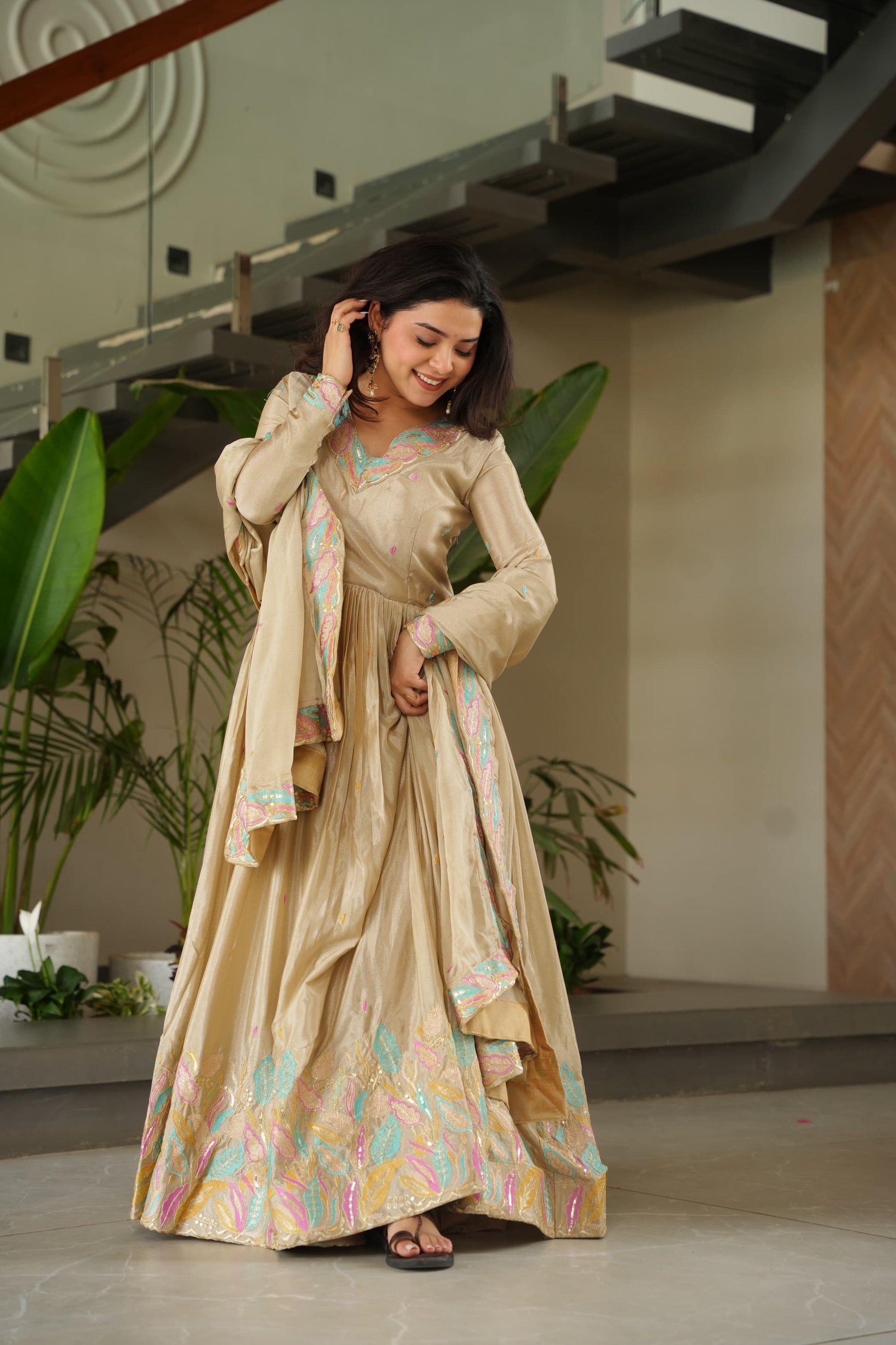 Chinnon Embroidered Gown with Sequins and Dupatta – Trendraani Premium Dress