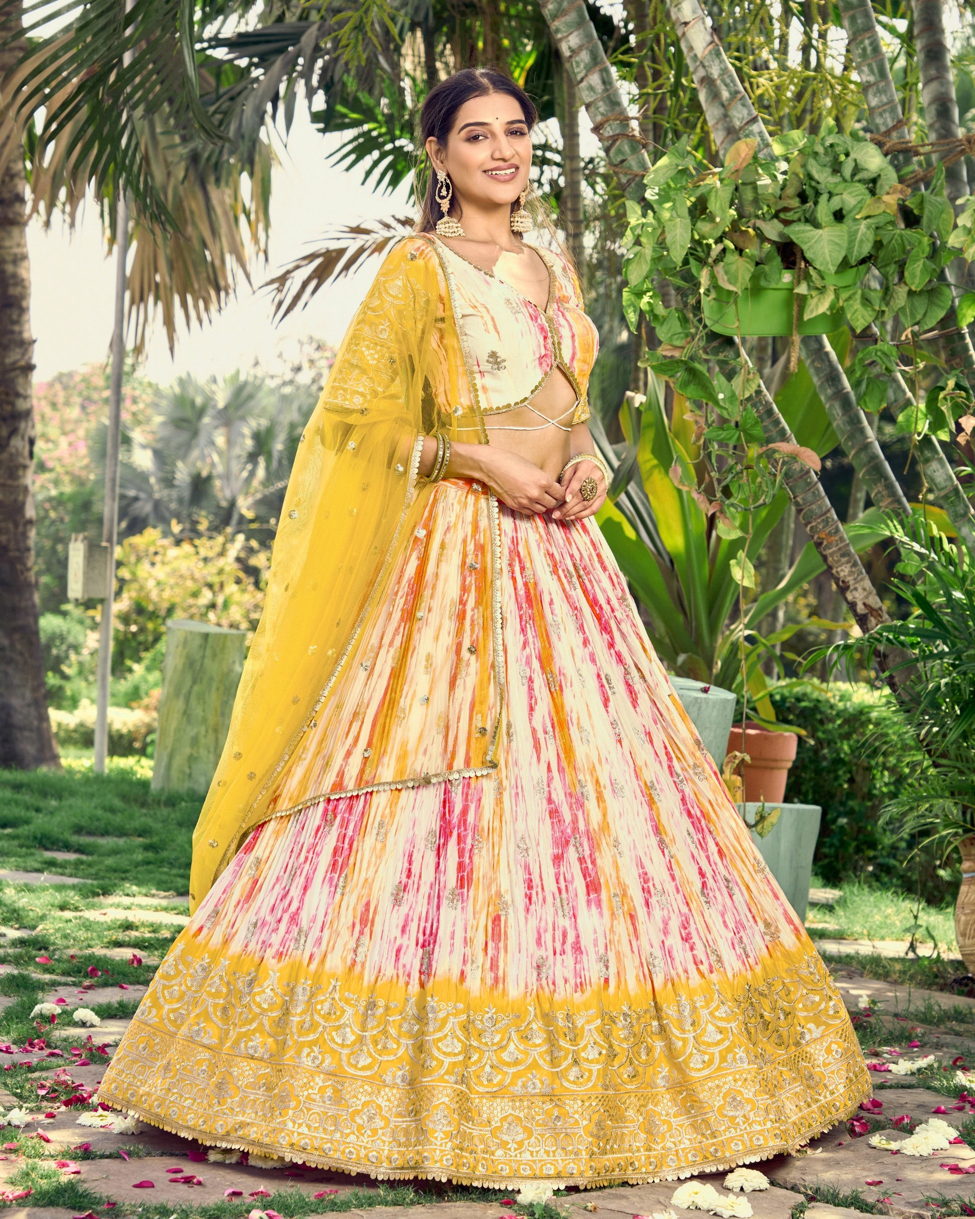 Chinon Silk Lehenga with Shibori Print and Embroidery