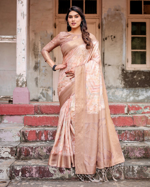 Soft Beige Banarasi Digital Printed Silk Saree with Floral Motifs – Trendraani
