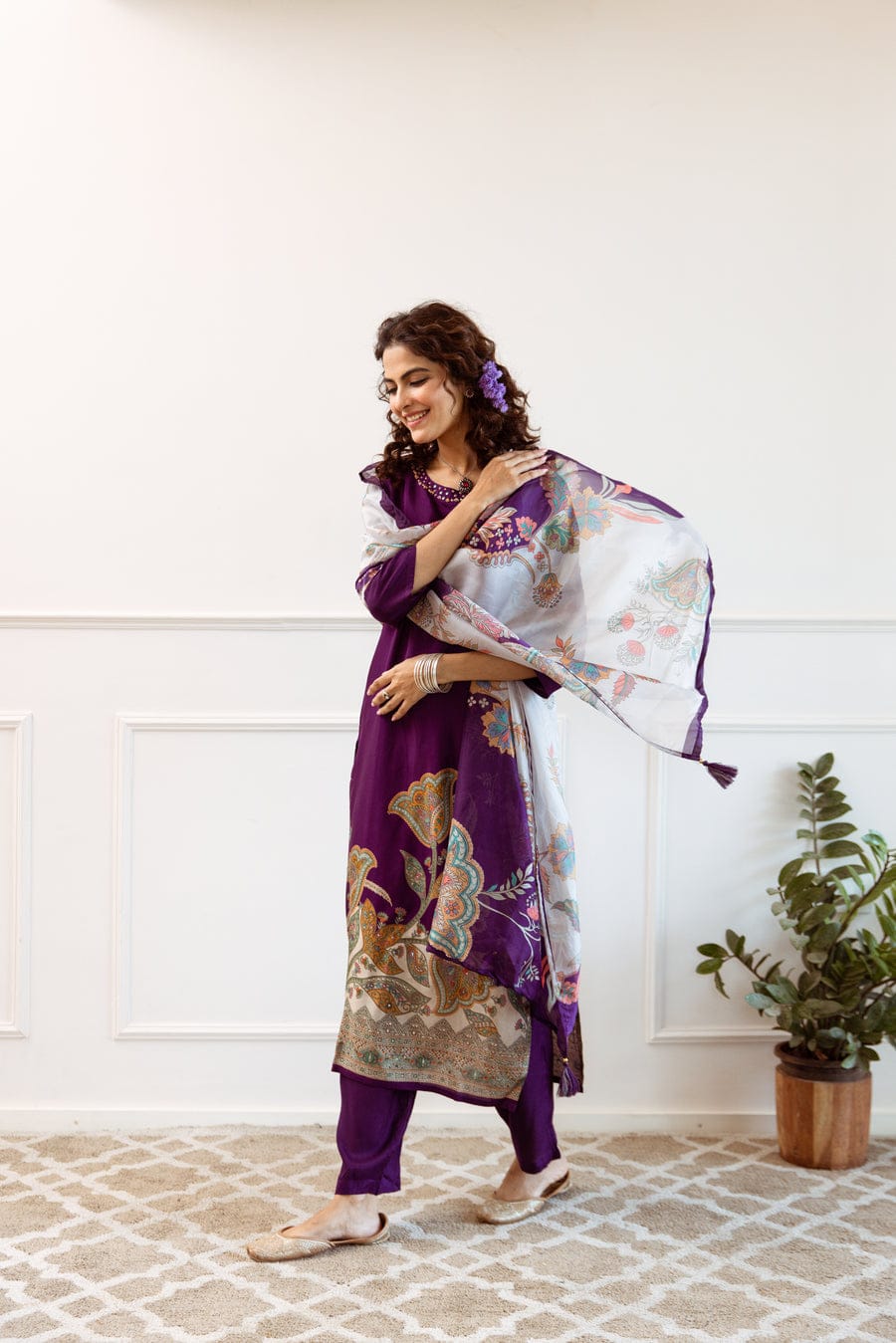 Purple Floral Silk Kurti Set with Dupatta for Festive Wear