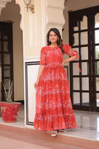Faux Georgette Printed Gown with 7 Meter Flair & Bell Sleeves