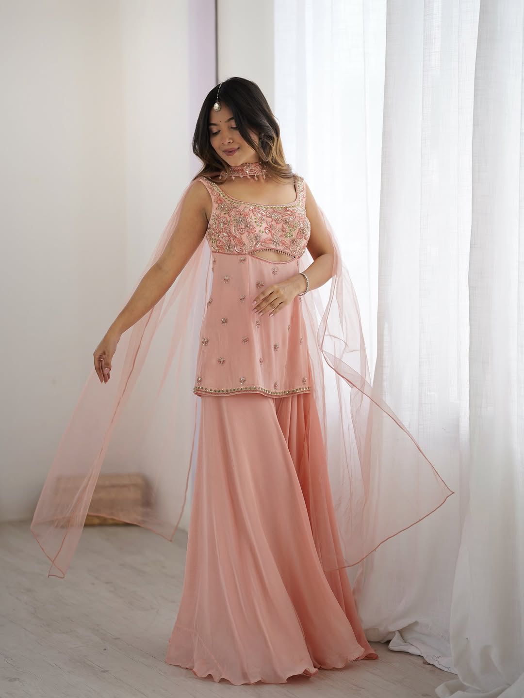 Indo Western 3-Piece Georgette Dress Set with Sequin Work and Silver Lace – Trendraani