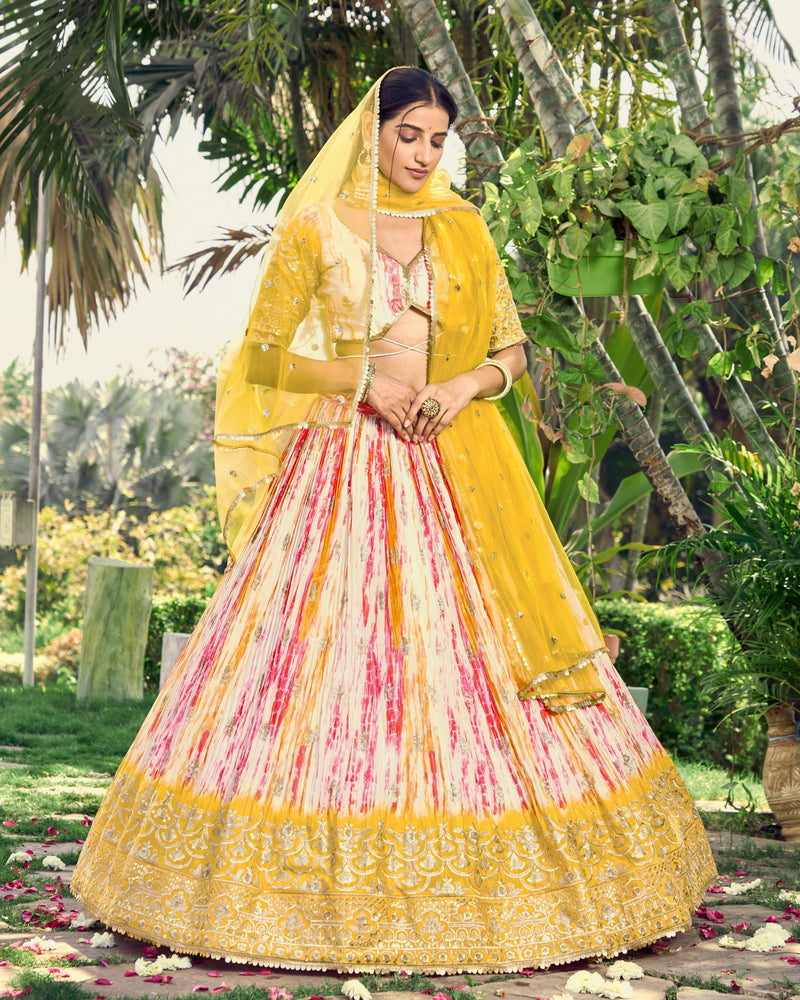White and Yellow Chinon Lehenga Choli with Zari Sequin Work