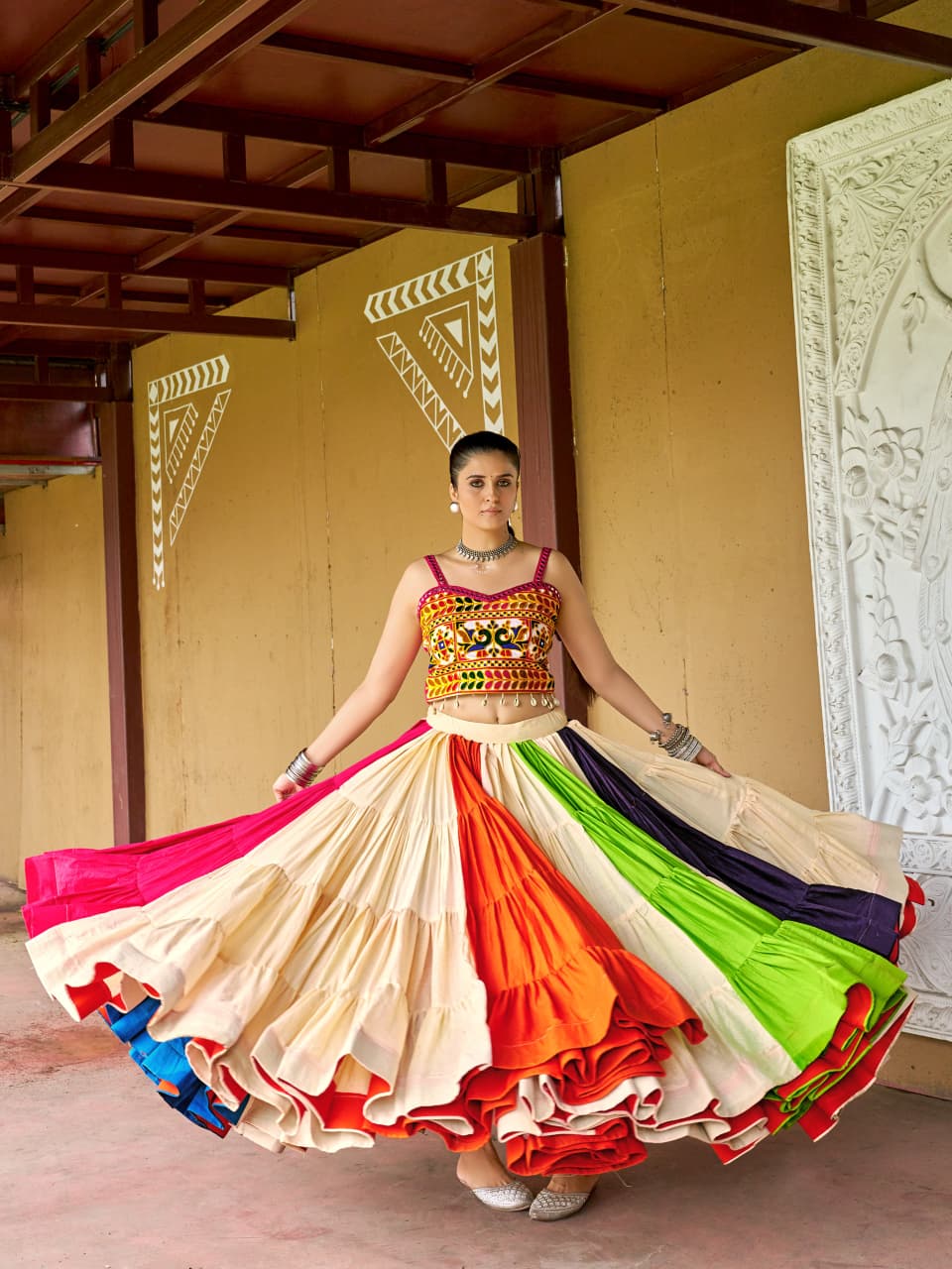 Multicolor Gamthi Lehenga Choli with 25 Meter Flair for Navratri