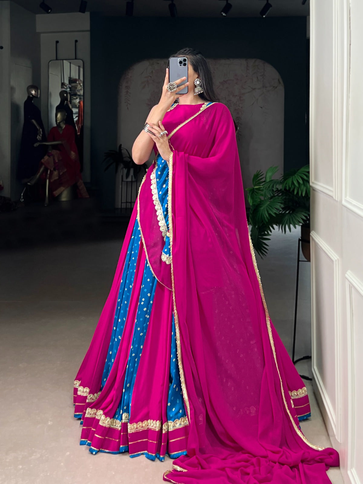 Designer Tasar Silk Bandhej Print Lehenga for Garba 2025