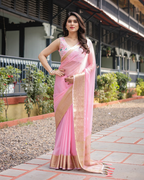 Baby Pink Chiffon Saree with Golden Zari Pallu and Floral Border – Trendraani