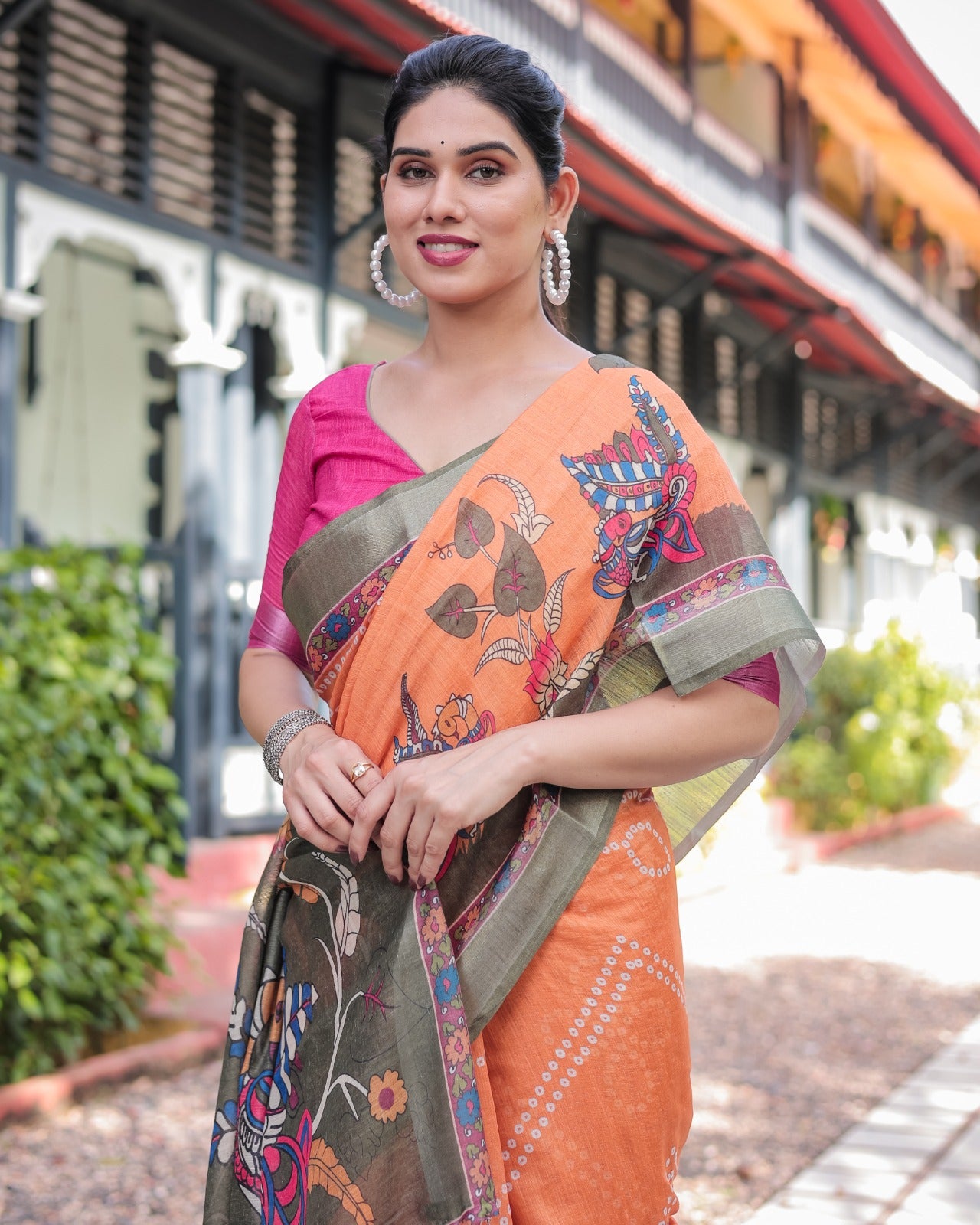 Orange and Green Madhubani Linen Saree for Festivals and Cultural Wear