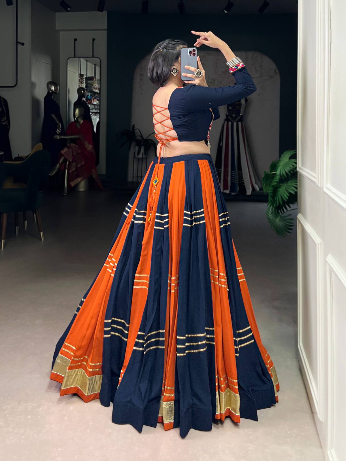 Festive Orange Navy Designer Lehenga Choli with 6.20 Meter Flair