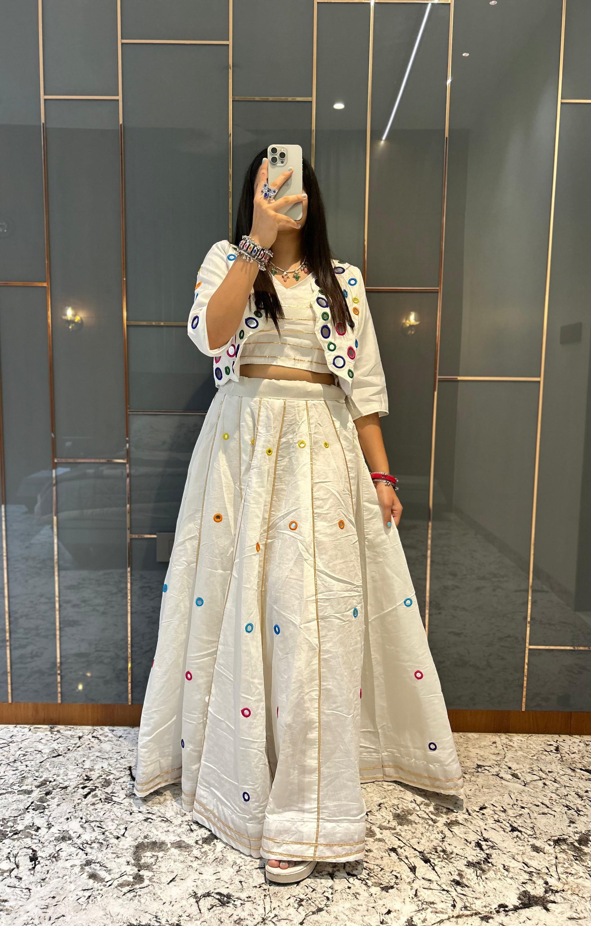 Multi Color Thread Work Lehenga Set with Shrug and Zari Stripes