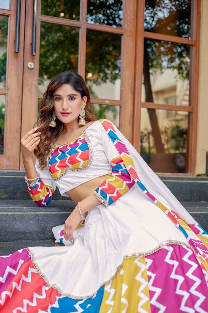 Navratri White Cotton Lehenga Choli with Gota Patti & Dupatta