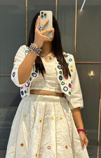Cotton Lehenga Choli with Real Mirror Work and Embroidered Shrug – Trendraani