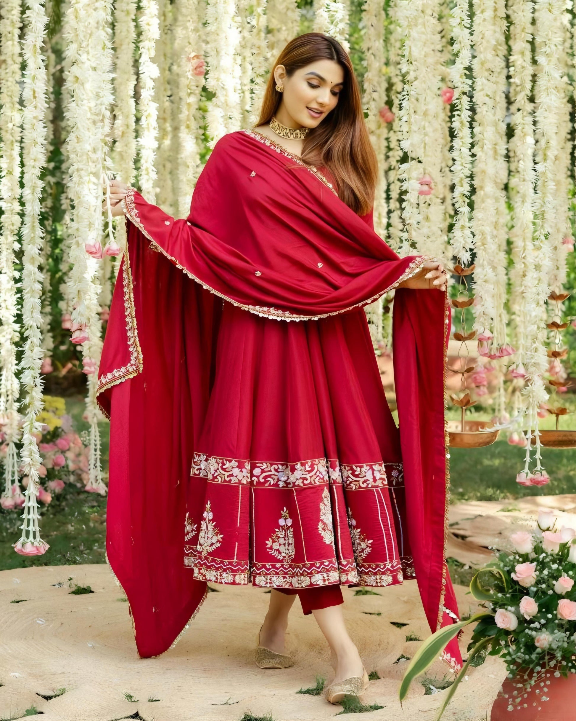 Premium Readymade Anarkali Suit Set in Roman Silk with Embroidery – Trendraani