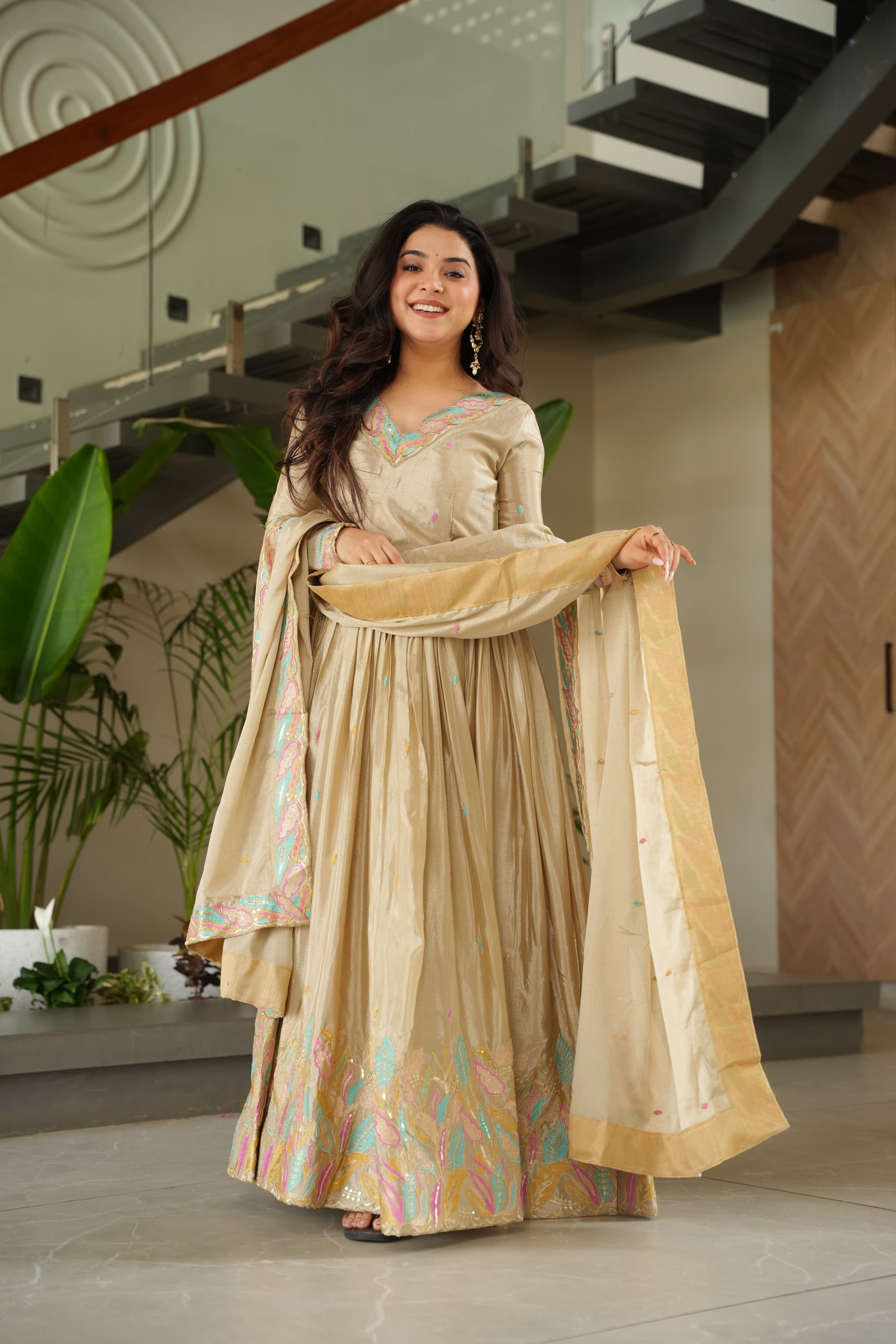 Chinnon Embroidered Gown with Sequins and Dupatta – Trendraani Premium Dress