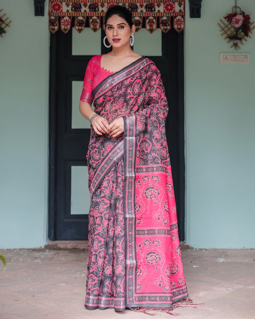 Black Linen Floral Saree with Pink Pallu – Trendraani