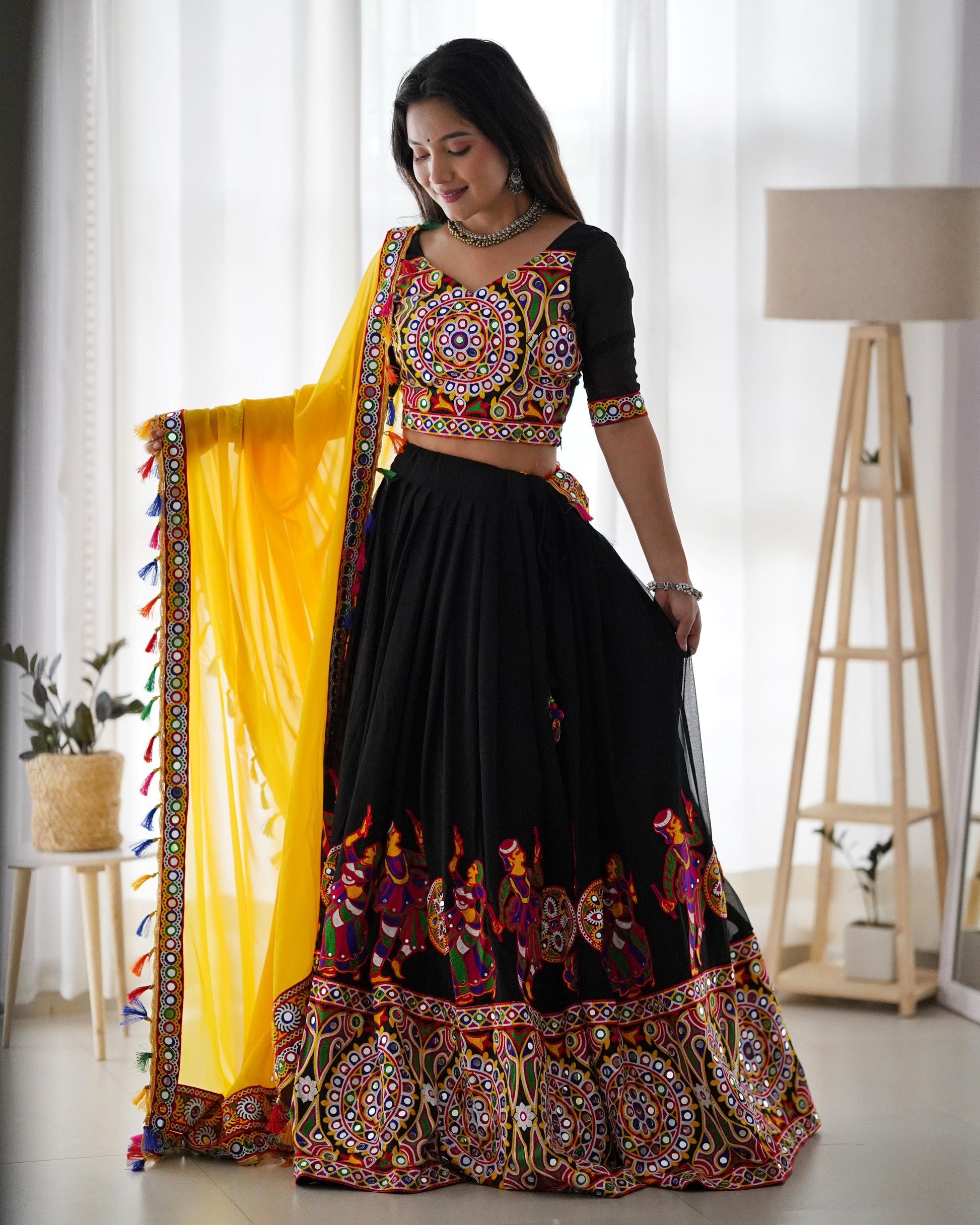 Faux Georgette Lehenga Choli with Chain-Stitch and Mirror Work – Trendraani