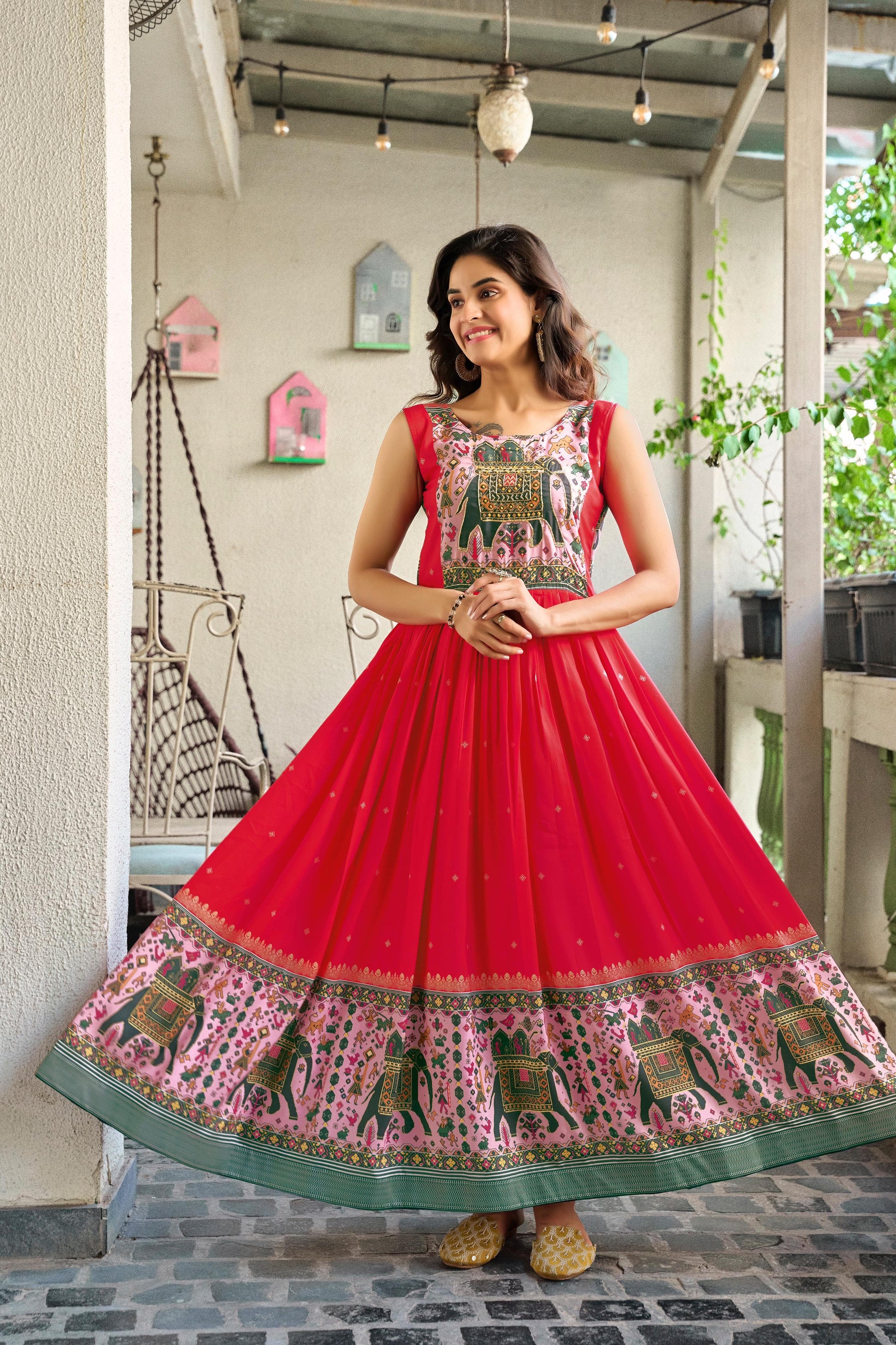 Muslin Silk Anarkali Gown for Navratri with Handwork Neck – Trendraani